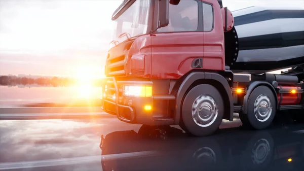 Betonnen mixer truck op de snelweg. Heel snel rijden. Bouw- en vervoersconcept. 3d destructie. — Stockfoto
