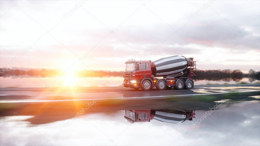 Concrete mixer truck on highway. Very fast driving. Building and transport concept. 3d rendering.