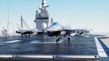 Jet f16, fighter uçak gemisi deniz, Tarih okyanus. Savaş ve silah kavramı. Gerçekçi 4 k animasyon.