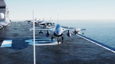 Jet f16, fighter uçak gemisi deniz, Tarih okyanus. Savaş ve silah kavramı. Gerçekçi 4 k animasyon.