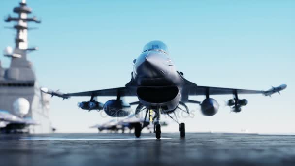 Jet F16, caça no porta-aviões no mar, oceano. Conceito de guerra e armas. Animação 4k realista . — Vídeo de Stock
