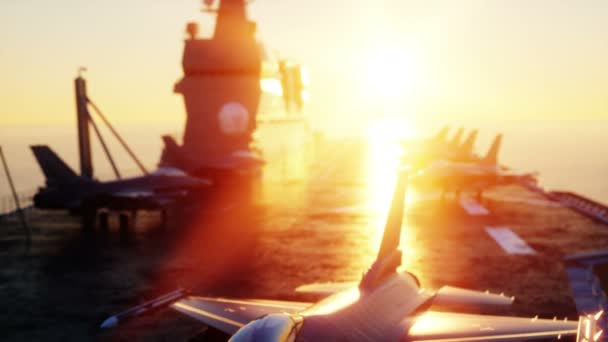 Jet f16, vechter op vliegdekschip in zee, Oceaan. Oorlog en wapen concept. Realistische 4 k-animatie. — Stockvideo