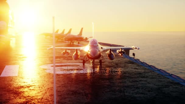 Jet f16, fighter på hangarfartyg i havet, ocean. Krig och vapen koncept. Realistisk 4 k animation. — Stockvideo