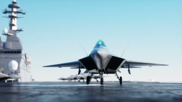 Jet F22, caça no porta-aviões no mar, oceano. Conceito de guerra e armas. Animação 4k realista . — Vídeo de Stock