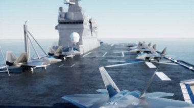 Jet f22, fighter uçak gemisi deniz, Tarih okyanus. Savaş ve silah kavramı. Gerçekçi 4 k animasyon.