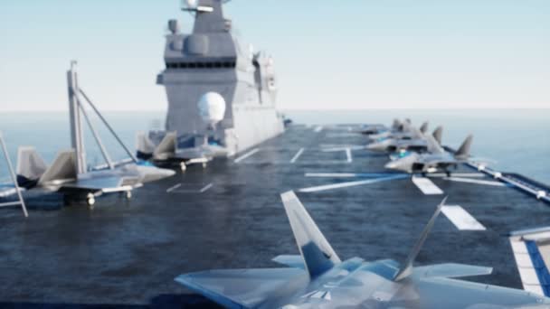 Jet f22, vechter op vliegdekschip in zee, Oceaan. Oorlog en wapen concept. Realistische 4 k-animatie. — Stockvideo