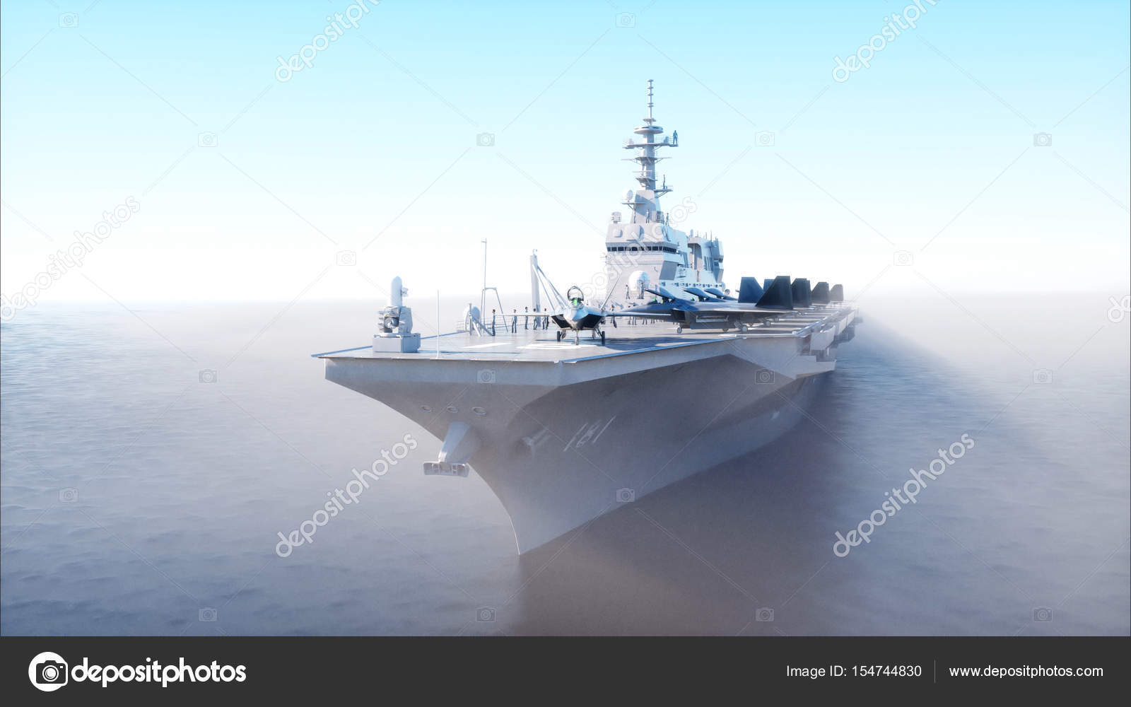 Flugzeugträger im Meer, Ozean mit Kampfflugzeug. Krieg und ...