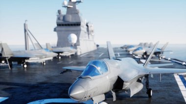 Jet f35, savaş uçağı, denizde, okyanusta. Savaş ve silah kavramı. 3d oluşturma.
