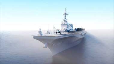 Denizdeki uçak gemisi, avcı uçağıyla okyanus. Savaş ve silah kavramı. 3d oluşturma.