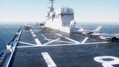 Jet f16 uçak gemisi Okyanusu üzerinde açılış. Askeri ve savaş kavramı. 3D render.