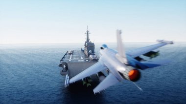 Jet f16 uçak gemisi Okyanusu üzerinde açılış. Askeri ve savaş kavramı. 3D render.