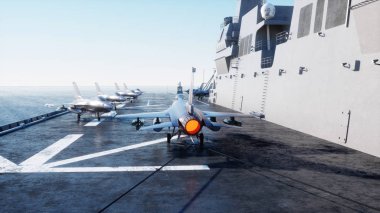 Jet f16 uçak gemisi Okyanusu üzerinde açılış. Askeri ve savaş kavramı. 3D render.