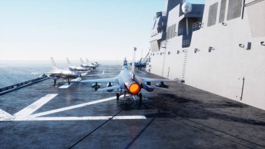 landing jet f16 on aircraft carrier in ocean. Military and war concept. 3d rendering. clipart