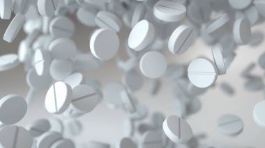 Düşen haplar, haplar. Tıbbi konsept. 3d oluşturma.
