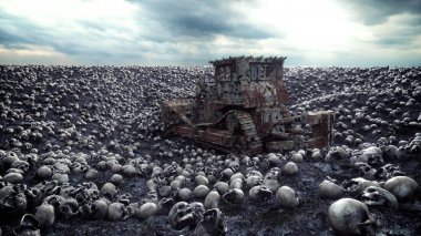 Eski buldozer ve kafatasları yığını. Kıyamet ve cehennem kavramı. 3D render.