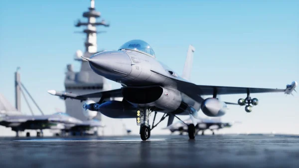 제트 f16, 해상 항공모함의 전투기 다. 전쟁 과 무기 개념. 3d 렌더링. — 스톡 사진