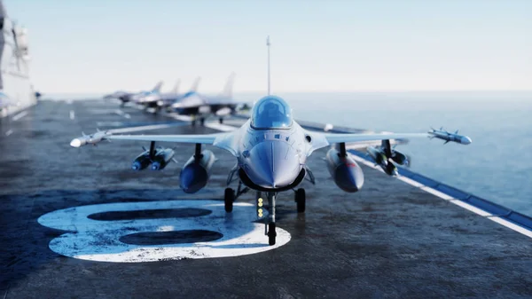 Jet f16, savaş uçağı, denizde, okyanusta. Savaş ve silah kavramı. 3d oluşturma. — Stok fotoğraf