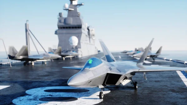 Jet f22, chasseur sur porte-avions en mer, océan. Guerre et concept d'arme. Rendu 3d. — Photo