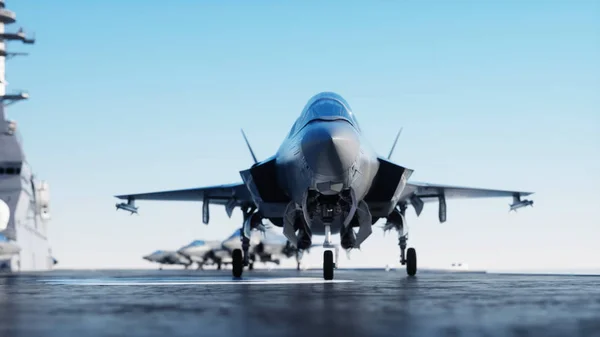 Jet f35, caza en portaaviones en el mar, océano. Guerra y concepto de armas. renderizado 3d . — Foto de Stock