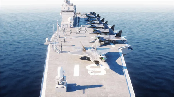 Denizdeki uçak gemisi, avcı uçağıyla okyanus. Savaş ve silah kavramı. 3d oluşturma. — Stok fotoğraf