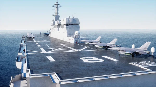 Porte-avions en mer, océan avec chasseur. Guerre et concept d'arme. Rendu 3d. — Photo