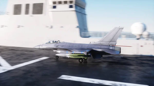 Jet f16 uçak gemisi Okyanusu üzerinde açılış. Askeri ve savaş kavramı. 3D render. — Stok fotoğraf