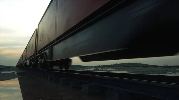 Freight train with cargo containers. Against Sunrise. 3d rendering. — Stock Photo, Image