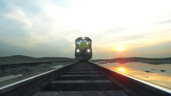 Yük treni kargo konteyner ile. Sunrise karşı. 3D render. — Stok fotoğraf