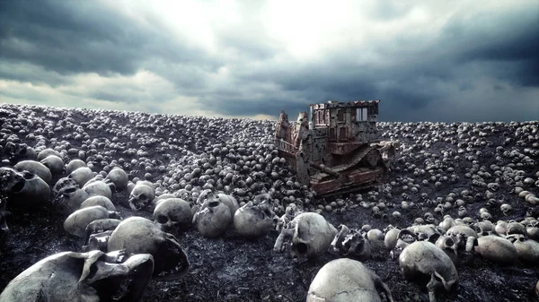 Eski buldozer ve kafatasları yığını. Kıyamet ve cehennem kavramı. 3D render.
