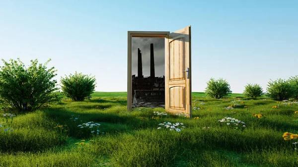 Öppnade dörren. En portal mellan naturen och ekologisk katastrof, apokalyps. 3D-rendering. — Stockfoto