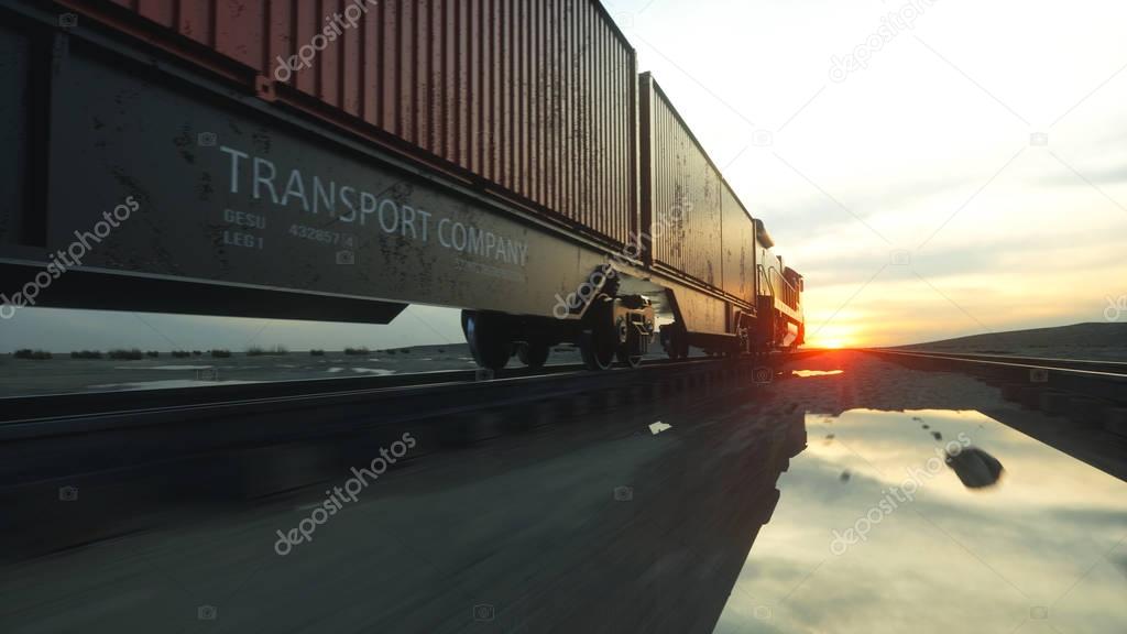 Freight train with cargo containers. Against Sunrise. 3d rendering.