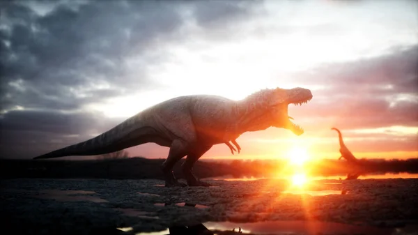 Dinosaurus. Prehistorische periode, rotsachtige landschap. Prachtige zonsopgang. 3D-rendering. — Stockfoto