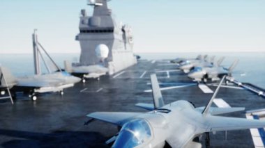 Jet, fighter uçak gemisi deniz, Tarih okyanus. Savaş ve silah kavramı. Gerçekçi 4 k animasyon.