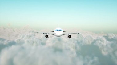 Yolcu airbus a321 uçan bulutlarda. Seyahat kavramı. Gerçekçi 4 k animasyon.