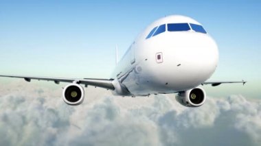 Yolcu airbus a321 uçan bulutlarda. Seyahat kavramı. Gerçekçi 4 k animasyon.