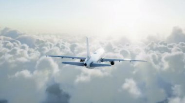Yolcu airbus a321 uçan bulutlarda. Seyahat kavramı. Gerçekçi 4 k animasyon.