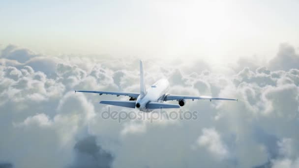 Пассажирский аэробус a321 летит в облаках. Концепция путешествия. Реалистичная 4K-анимация . — стоковое видео