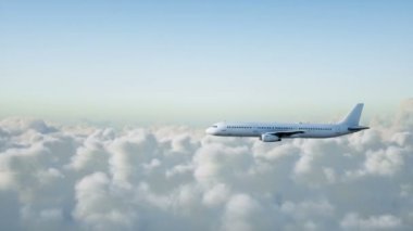 Yolcu airbus a321 uçan bulutlarda. Seyahat kavramı. Gerçekçi 4 k animasyon.