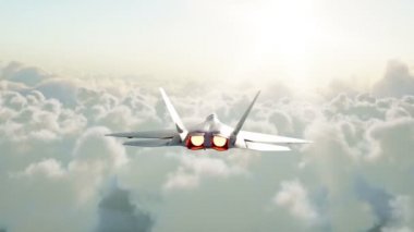 Jet f22, bulutlar üzerinde uçan avcı. Savaş ve silah kavramı. Gerçekçi 4 k animasyon.