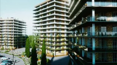 Şehir, kasaba mimari 3d görselleştirme. Havadan görünümü. Gerçekçi 4 k animasyon.