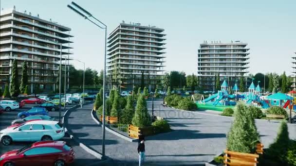 Miasto, miasto wizualizacje architektoniczne 3d. Widok z lotu ptaka. Realistyczna animacja k 4. — Wideo stockowe
