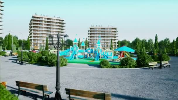 Città, parco giochi architettonico visualizzazione 3d. Animazione realistica 4k . — Video Stock
