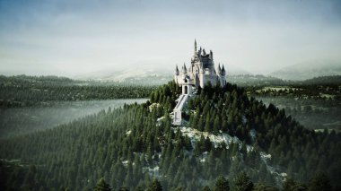 Old fairytale castle on the hill. aerial view. 3d rendering. clipart