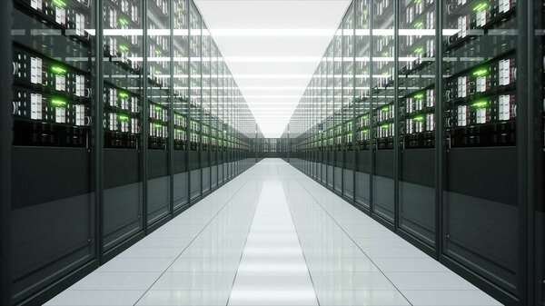 interior of server room in datacenter. 3d rendering.