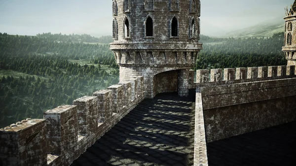 Tepedeki eski peri masalı kalesi. Hava manzaralı. 3d oluşturma.