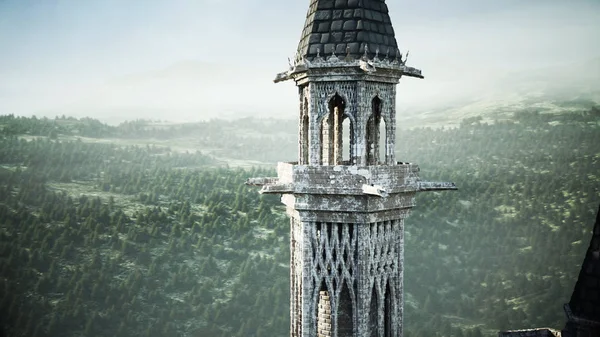 Velho castelo de contos de fadas na colina. Vista aérea. Renderização 3d . — Fotografia de Stock