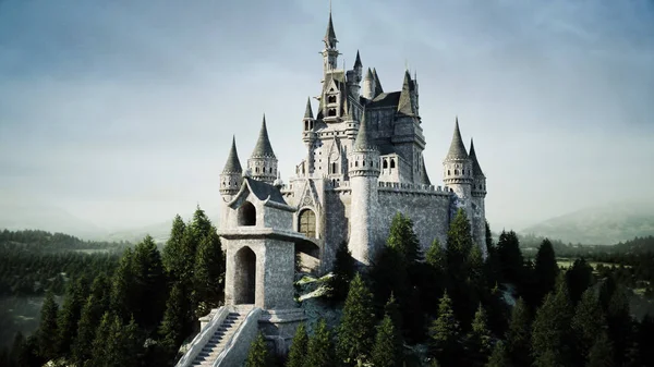 Old fairytale castle on the hill. aerial view. 3d rendering. — Stock Photo, Image