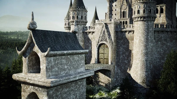 Old fairytale castle on the hill. aerial view. 3d rendering. — Stock Photo, Image