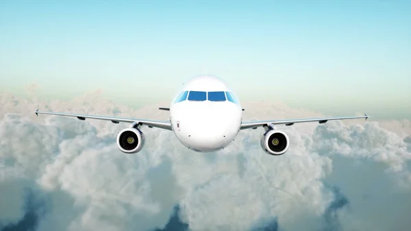 Passagier-Airbus fliegt in den Wolken. Reisekonzept. 3D-Darstellung. — Stockfoto