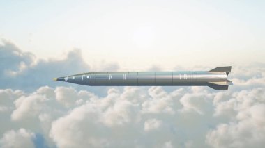 Ballistic nuclear rocket flying over clouds. War and military concept. 3d rendering. clipart